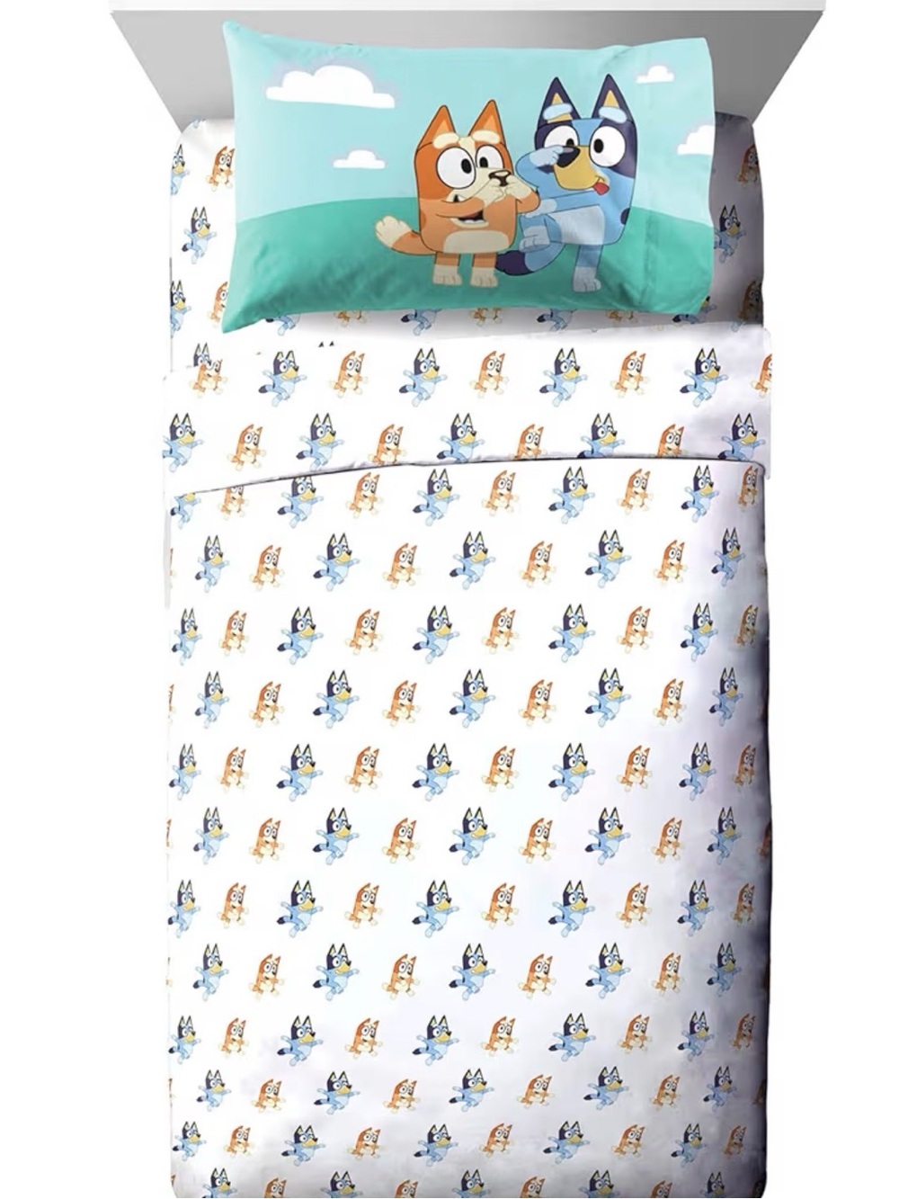 Bluey-Inspired Kids Twin Sheet Set in Aqua and White